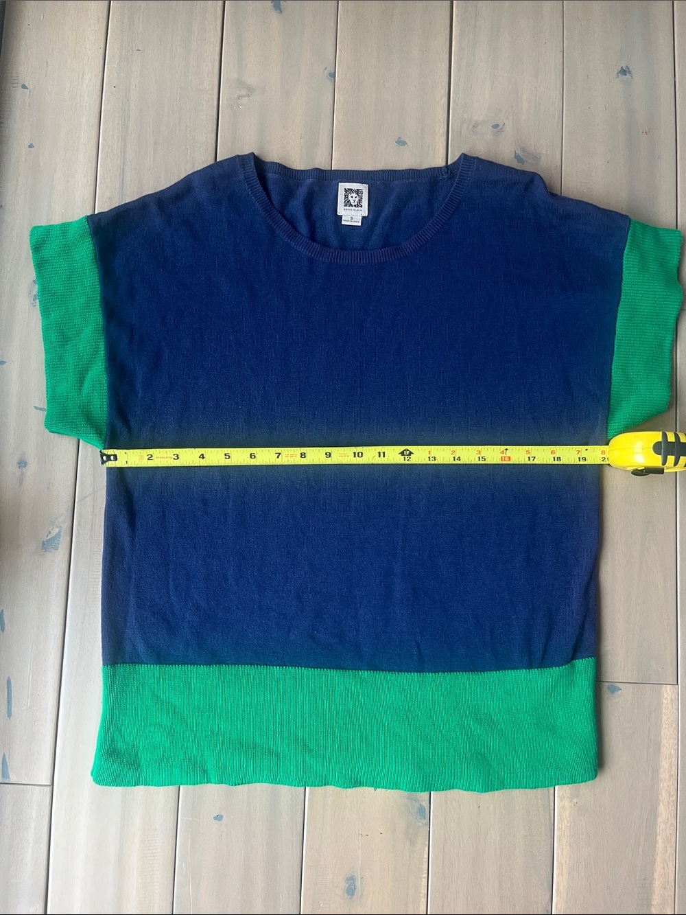 Anne Klein Navy Top with Green Sleeve & Hem